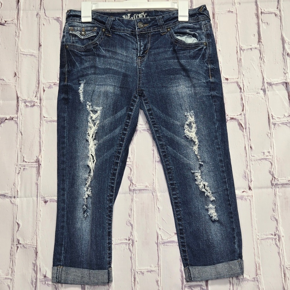 WallFlower Distressed Denim Capris Dark Wash Cropped Jeans Women 11 Distressed‎
